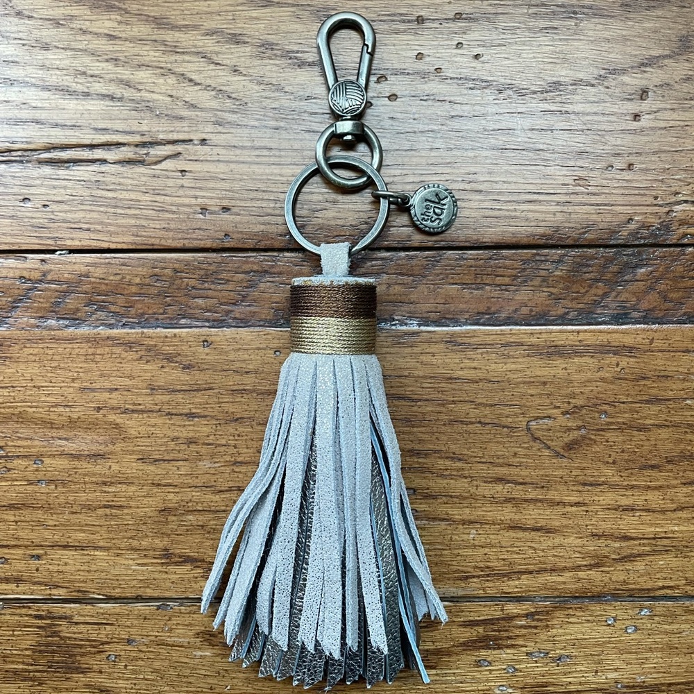 The Sak leather metallic silver brown taupe key fob